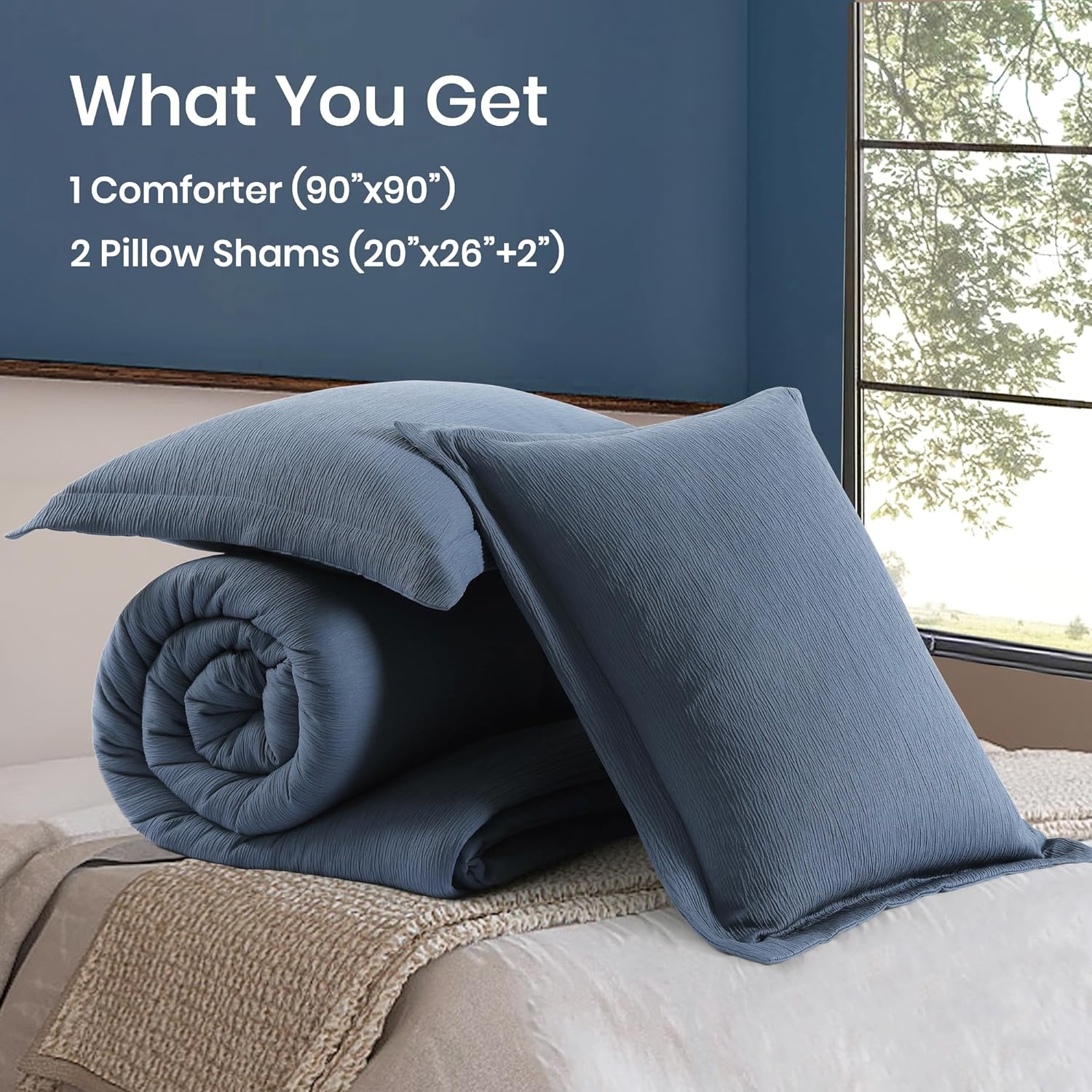 Blue Queen Comforter Set, Textured Queen Bed Set for Premium Bedding, Minimalist Queen Size Bedding Sets 3 Piece with Lightweight Comforter & Shams (Queen, 90"x90")